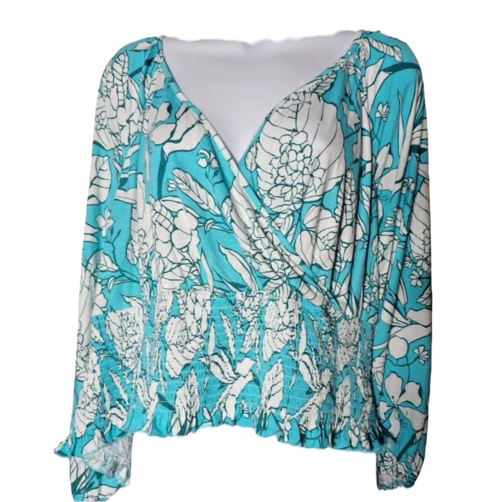 LANE BRYANT Vibrant Soft Stretch Floral Smocked Top in Teal/White  Size 18/20 - Picture 3 of 8